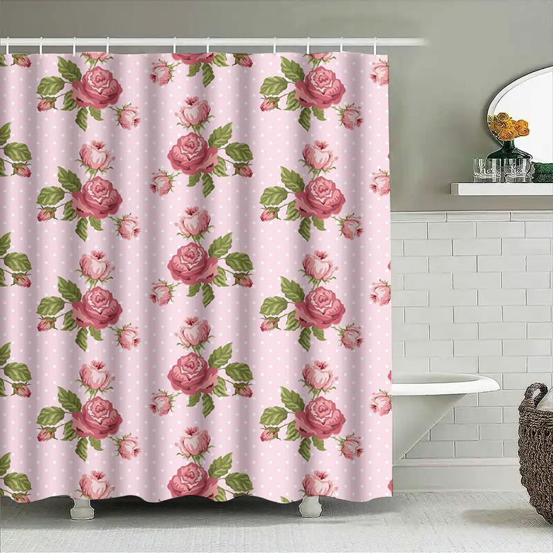 Vintage Pink Floral Shower Curtain Bath Decor Waterproof Fabric Home Decoration Romantic Rose Garden Printing Wall Hanging for B