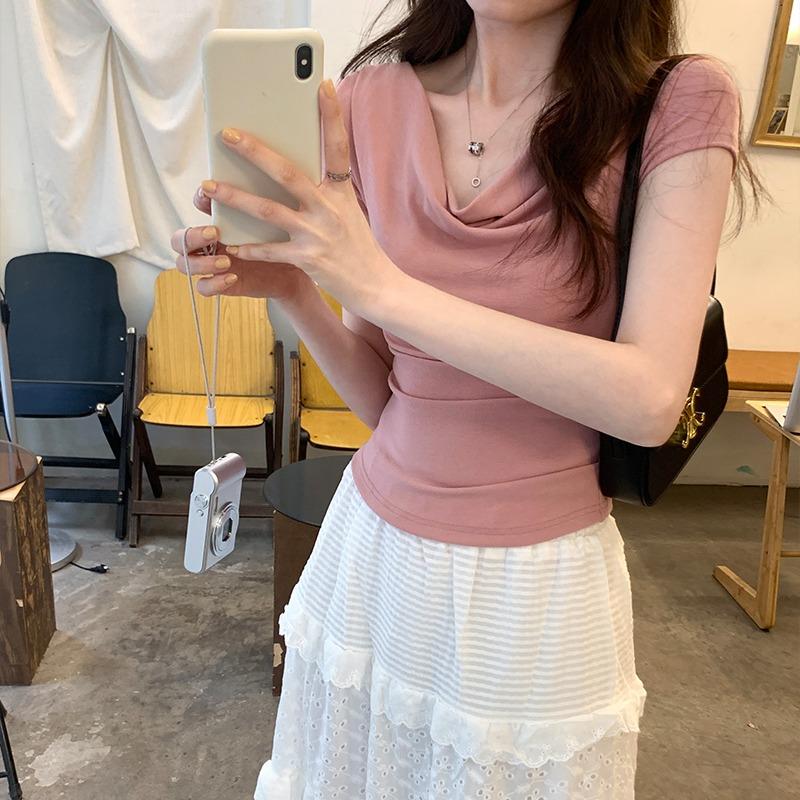 Swing Collar Slim Slimming Stretch Short-sleeved T-shirt Women's Summer 2025 New Hot Girl Short Top