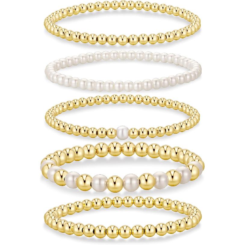 Yoosteel Gold Beaded Bracelets for Women Teen Girls, Gold Plated Jewelry | Gold Stackable Stretch Bracelets, Dainty Round Beaded Pearl Cross Bracelet
