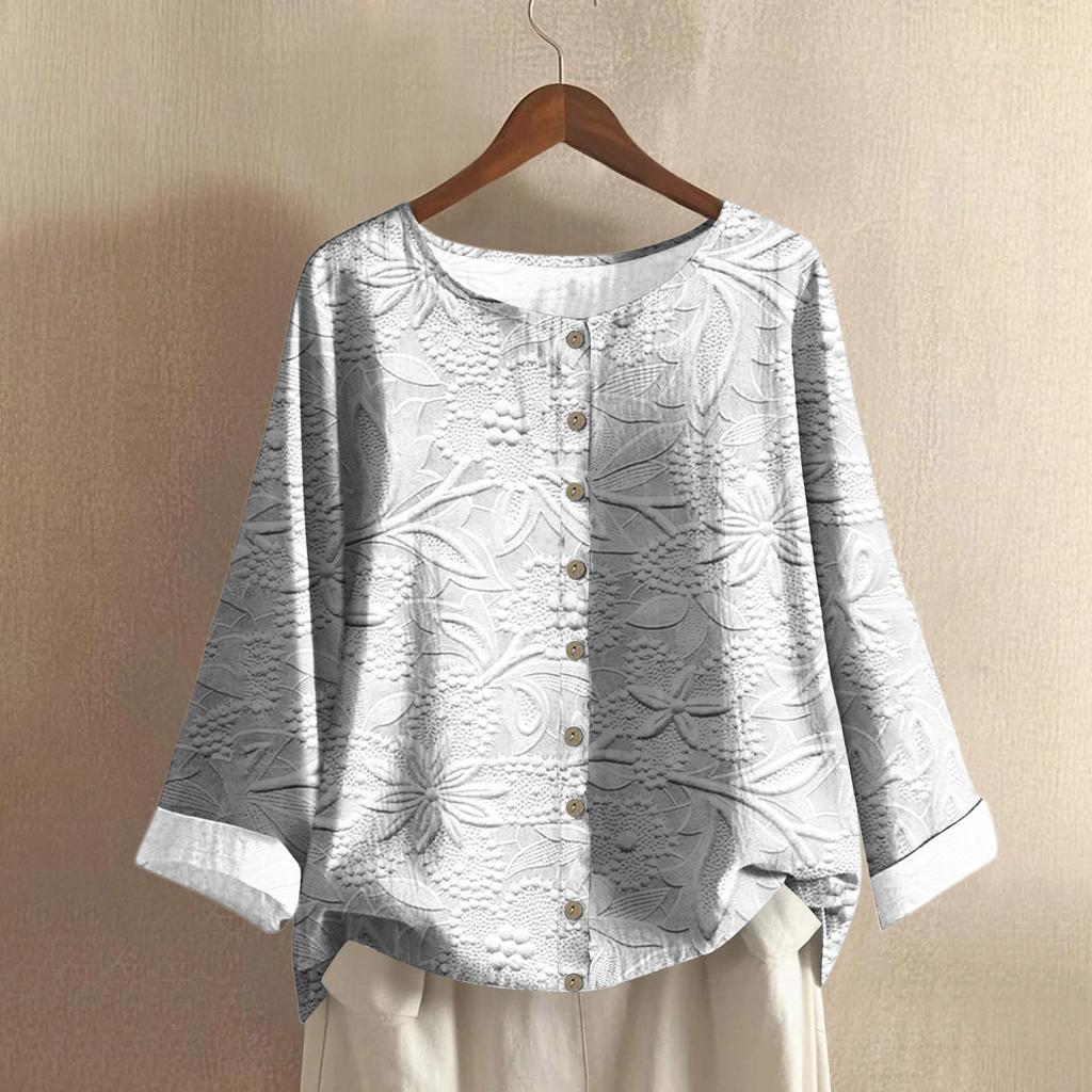 Женская модная и повседневная рубашка с длинным рукавом, круглым вырезом и принтом, блузка-топ из хлопка и льна