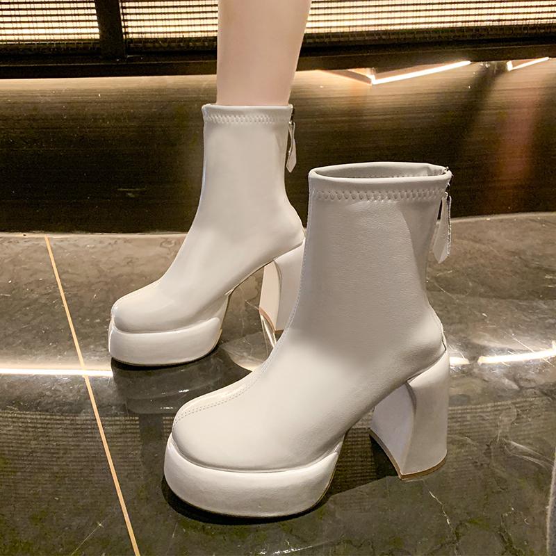 Современные ботинки на квадратном каблуке с лодыжкой, зимние ботинки с круглым носком 2024 года, высококачественные женские ботинки на высоком каблуке с застежкой-молнией, лаконичные женские ботинки