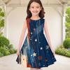 Girls Round Neck Sleeveless Printed A Line Flared Dress Navy Blue Red Gold