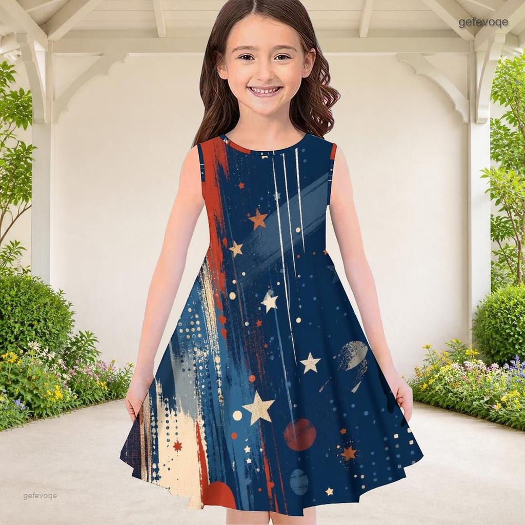 Girls Round Neck Sleeveless Printed A Line Flared Dress Navy Blue Red Gold