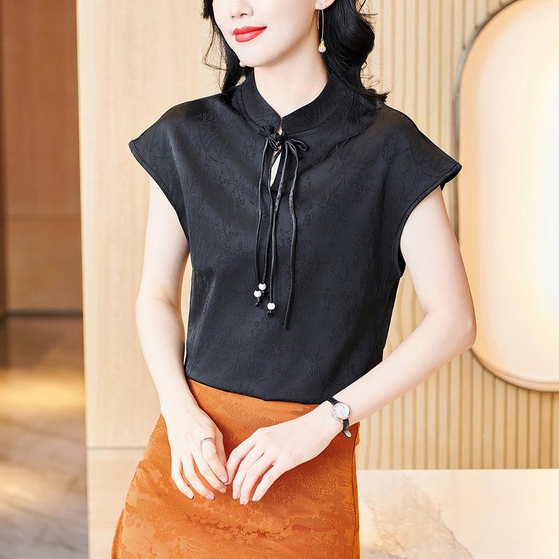 Новый летний наряд, футболка на шнуровке для женщин в китайском стиле, черная, с узким воротником-стойкой, новый китайский стиль