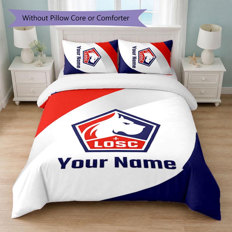 LOSC Lille Custom Name Text Bedding Set 1 Duvet Cover+2 Pillowcases Soccer Logo Personalized Gift For Special Occasion Bedroom Decor