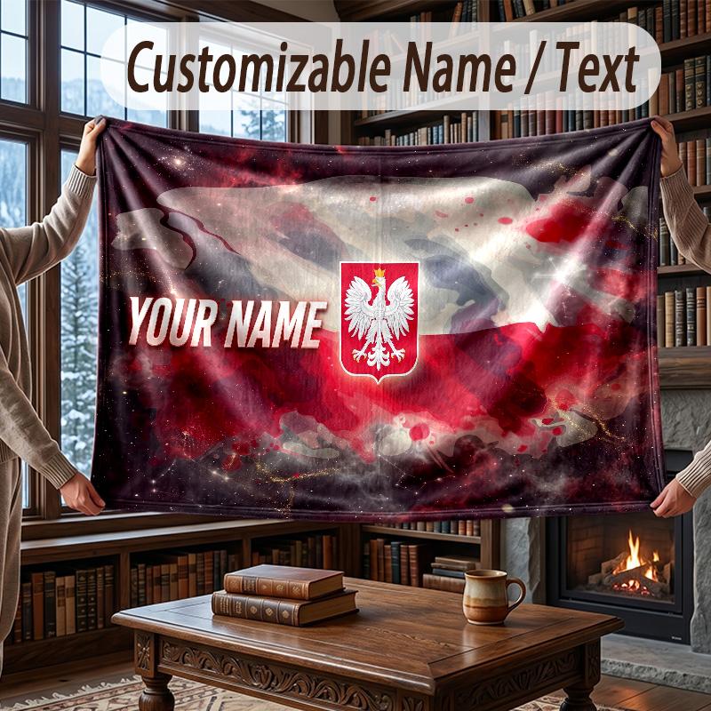 Custom Name Flannel Throw Blanket Poland Football Pattern Warm Home Decoration