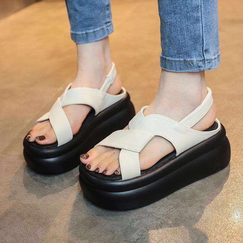 Fashion Women Leather Sandals 7CM Summer Shoes New 2024 High Platform Cross-strap Slides Fashion Casual Sandals Beach Chunky Slippers