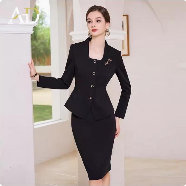 Костюм-двойка в стиле Одри Хепберн с черным квадратным вырезом для женщин - Осенне-зимний формальный комплект с юбкой для французской светской львицы