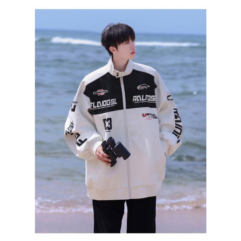 Autumn American Color Blocked Motorcycle Suit Leather Jacket Men's Trendy Spring and Autumn Versatile Loose and Handsome Jacket