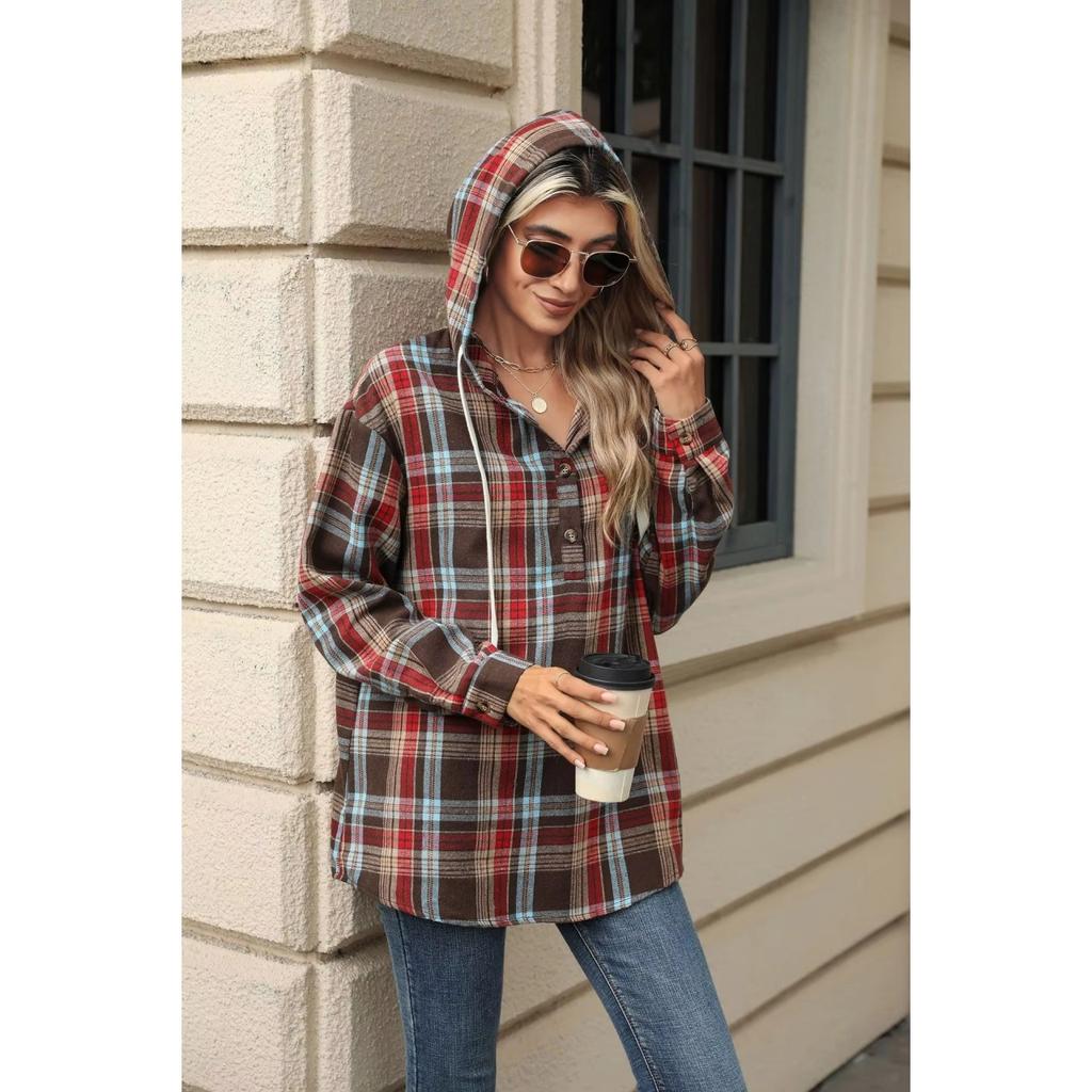 Women Loose Long Sleeve Hooded Button Plaid Pullover Sweatshirt