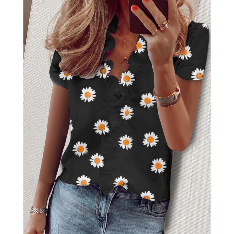 YYFS Women's Fashion Casual Summer Spring Solid Color Print Short Sleeve V-Neck Blouses & Shirts