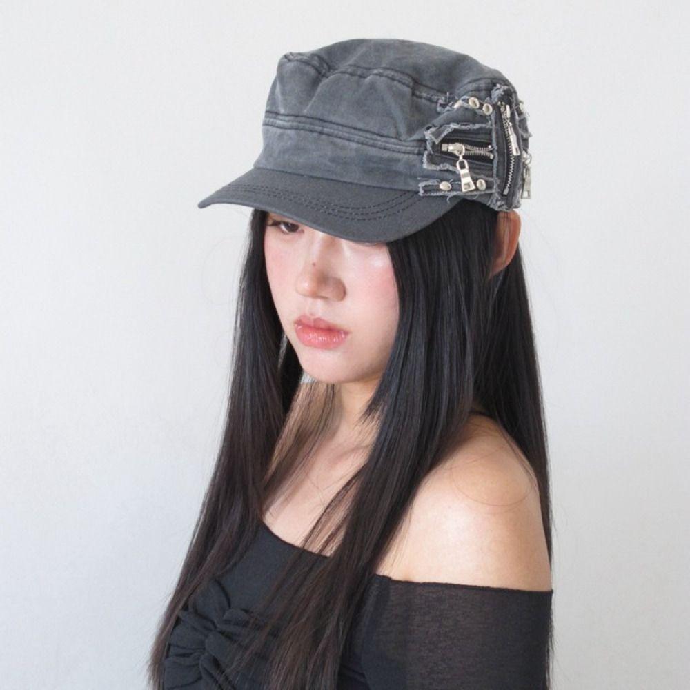 Y2k Metal Rivet Flat Top Hat Cloth Equestrian Hat Personality Retro Baseball Cap  Travel