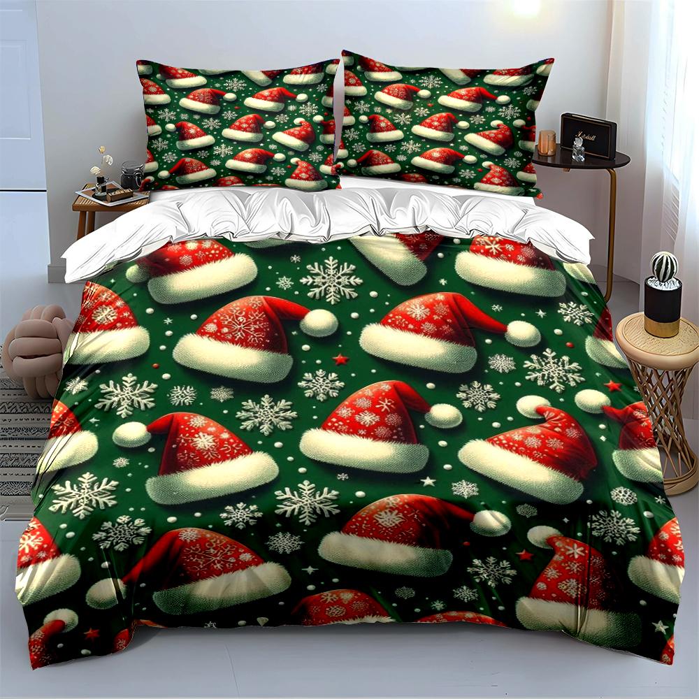 Christmas Santa Hat and Snowflake Bedding Set Bedding set (1 duvet cover, 2 pillowcases, duvet not included)
