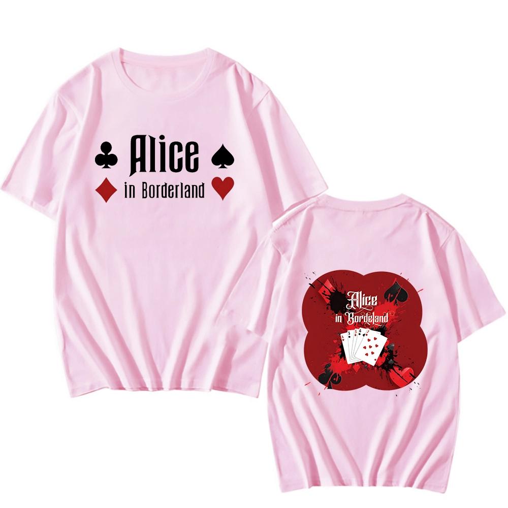 Футболка с принтом эмблемы «Алиса в Пограничье» Летняя женская повседневная свободная ретро-мода Уличный стиль Круглый вырез Короткий рукав Топы