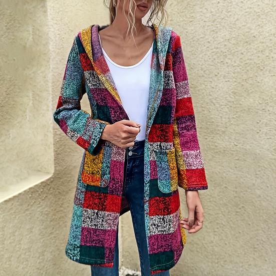 Женский клетчатый кардиган с капюшоном, с длинным рукавом, на молнии, с карманами, повседневная клетчатая куртка, рождественский, хэллоуинский, повседневный наряд для вечеринки