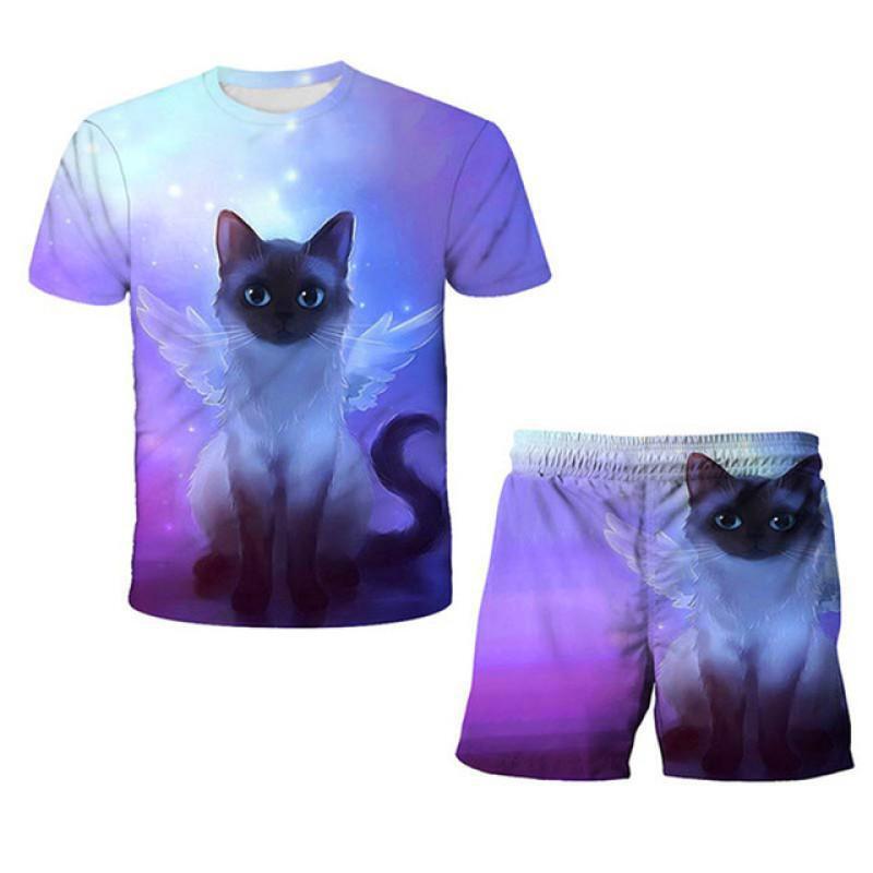 Повседневный комплект с принтом кота для девочек, летние модные шорты с короткими рукавами и принтом в виде мультфильма, комплекты одежды для девочек с 3D-принтом