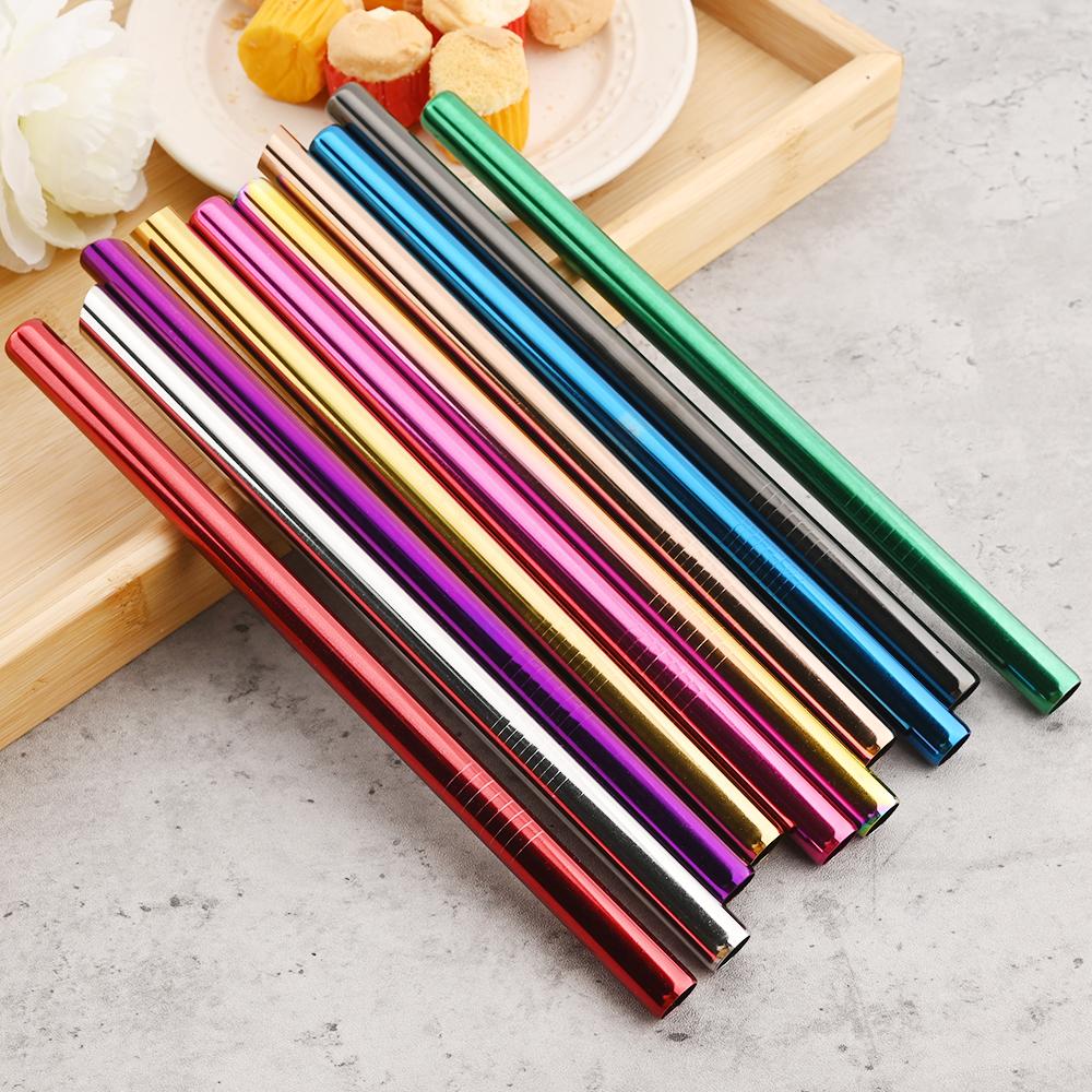 Многоразовые соломинки для питья, разноцветные металлические трубочки из нержавеющей стали, прямая изогнутая соломинка с чистящей щеткой, посуда для напитков, аксессуар для барной вечеринки