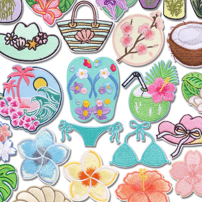 2026 Cartoon Summer Tropical style Embroidered Patches Coconut Shell Hat Slippers Patch Iron On Patches For Clothing Decoration