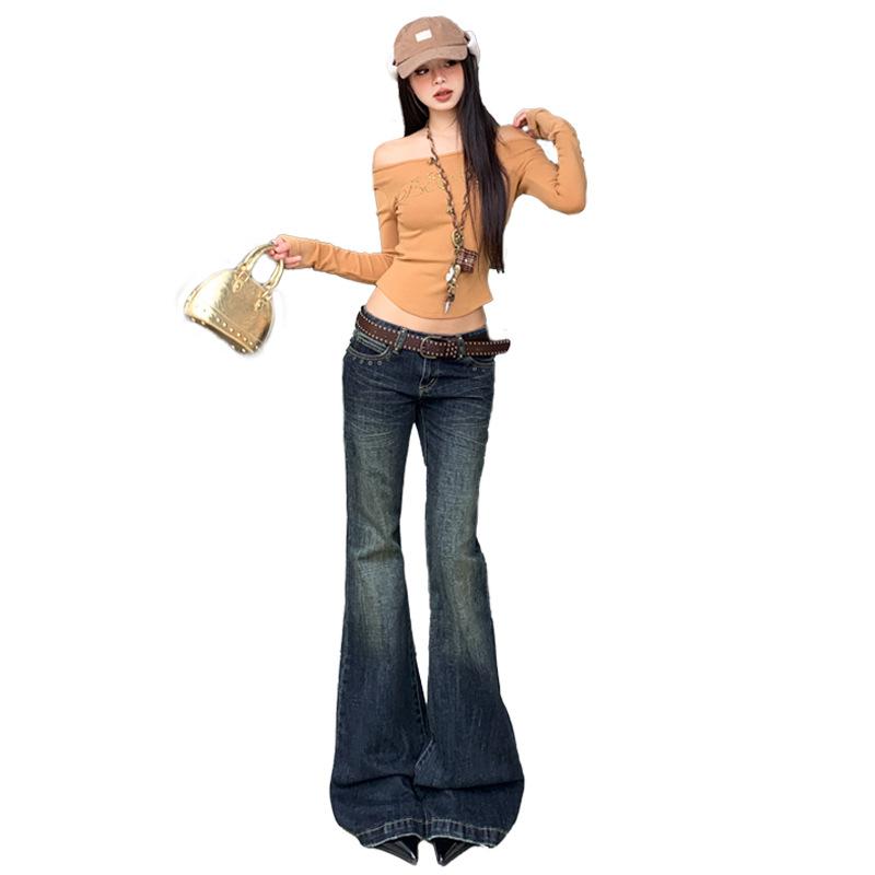 American retro rear pocket rivet design low waist slightly pulled jeans slim Spice girl flared pants