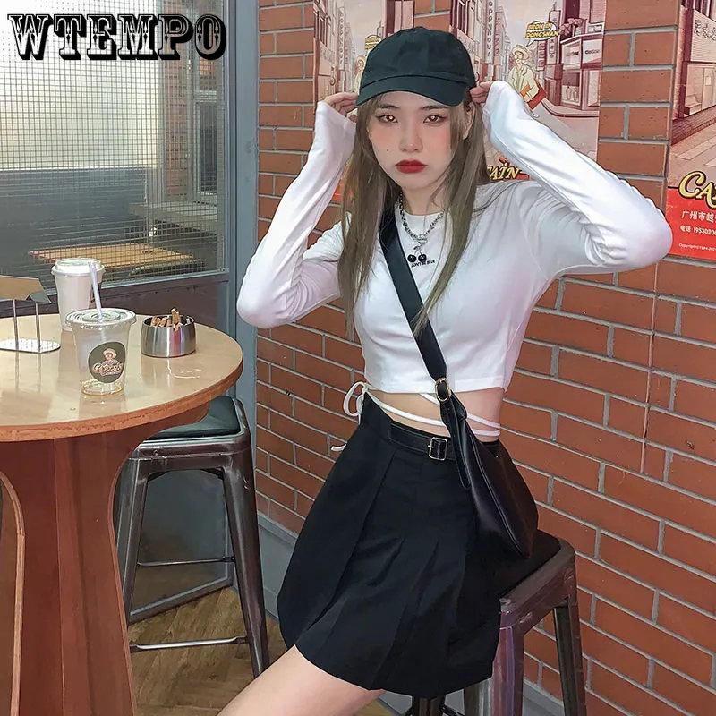 Футболки с длинным рукавом, женские укороченные топы с повязками, Harajuku Ulzzang, уличные весенние повседневные тонкие рубашки для девочек