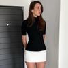 Summer 2025 Turtleneck Half Sleeve Mini Dresses French Style Fashion Elegant Black And White Patchwork Bodycon Dress