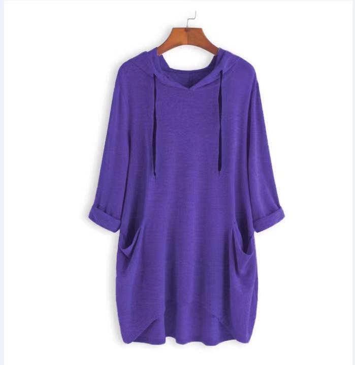 Spring Autumn Women's Hooded Solid Color Loose Long T-shirt Irregular Long Sleeve Pocket Pullover Top