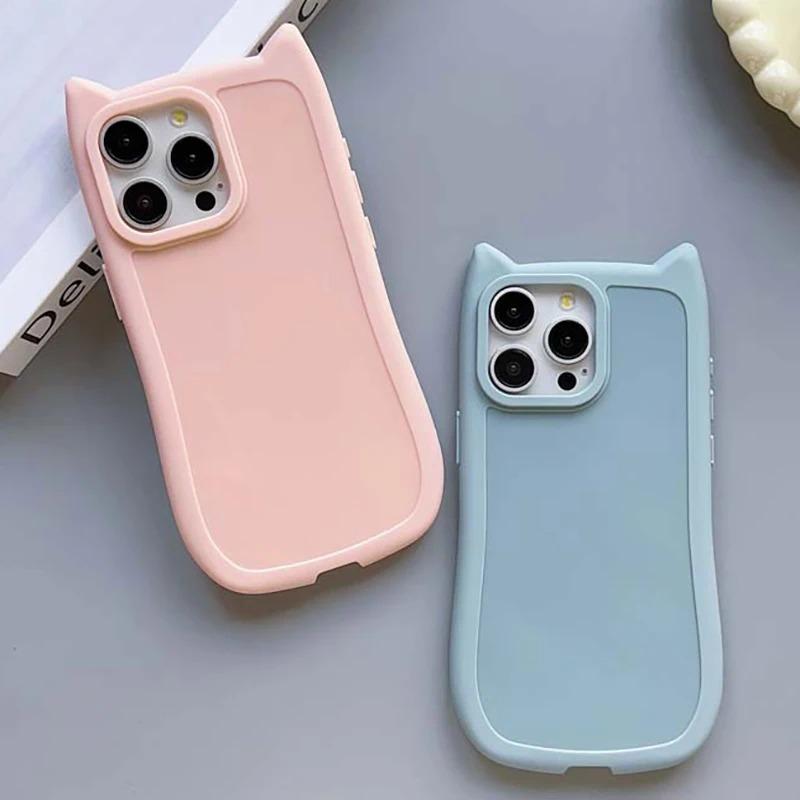 Модный однотонный чехол с кошачьими ушками для IPhone15 13 12 11 14 Pro Max Plus, мягкий силиконовый чехол из ТПУ с защитой от падения, задняя крышка