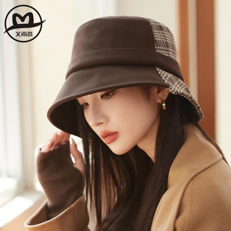 High sense fashion splicing plaid bucket hat women's autumn and winter new light luxury face cover hat British temperament thermal hat