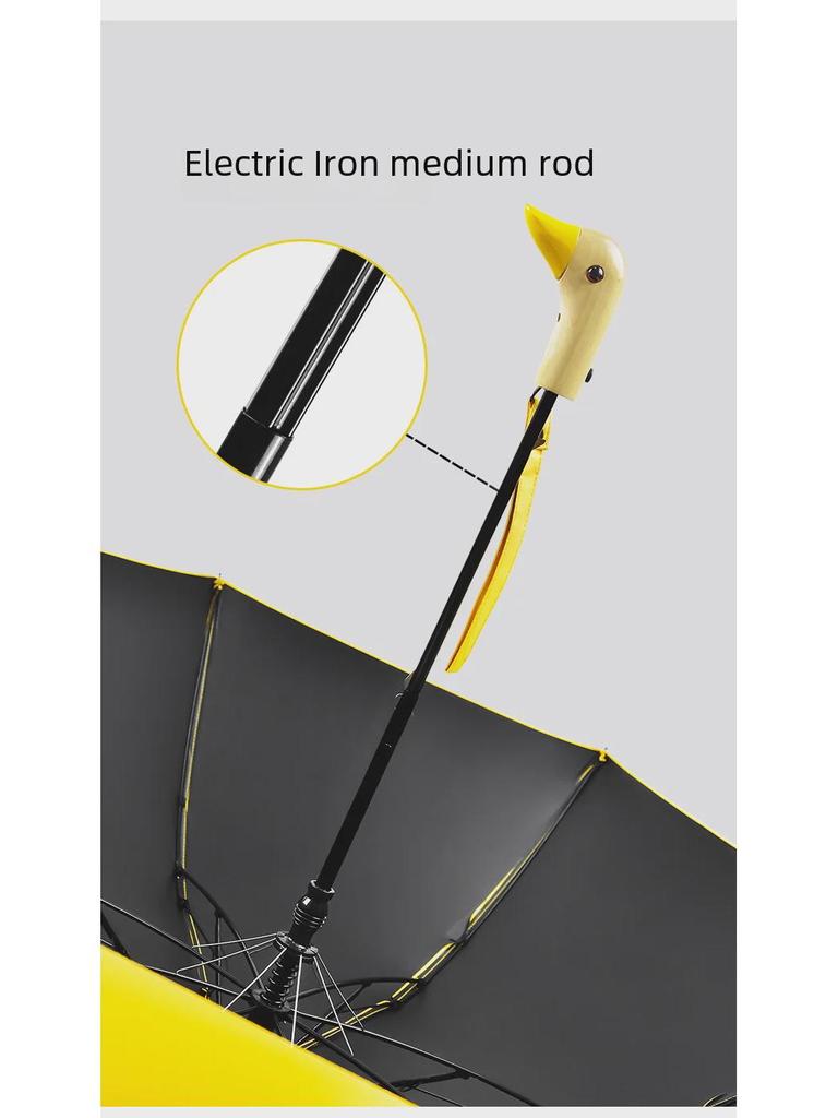 Мультяшный зонт «Утка»: Полуавтоматический, многоцветный, черный пластик, деревянная ручка, симпатичный дизайн в виде желтой утки