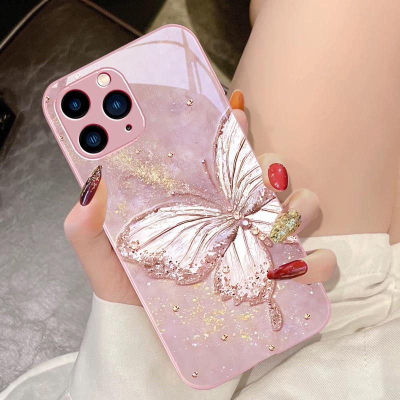 Радужная Бабочка Зеленая Для IPhone 16 Pro Max 15 Pro 14 13 12 Mini 11 XS Max XR 7 8 Plus SE 2022 Закаленное Стекло Чехол для Телефона