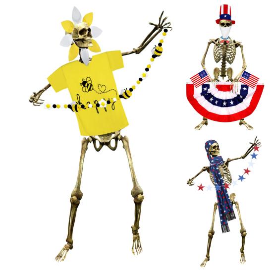 12ft Memorial Day Skeleton Clothing Accessories Patriotic Independence Day Skeleton Costume Set for 4th of July Decoration