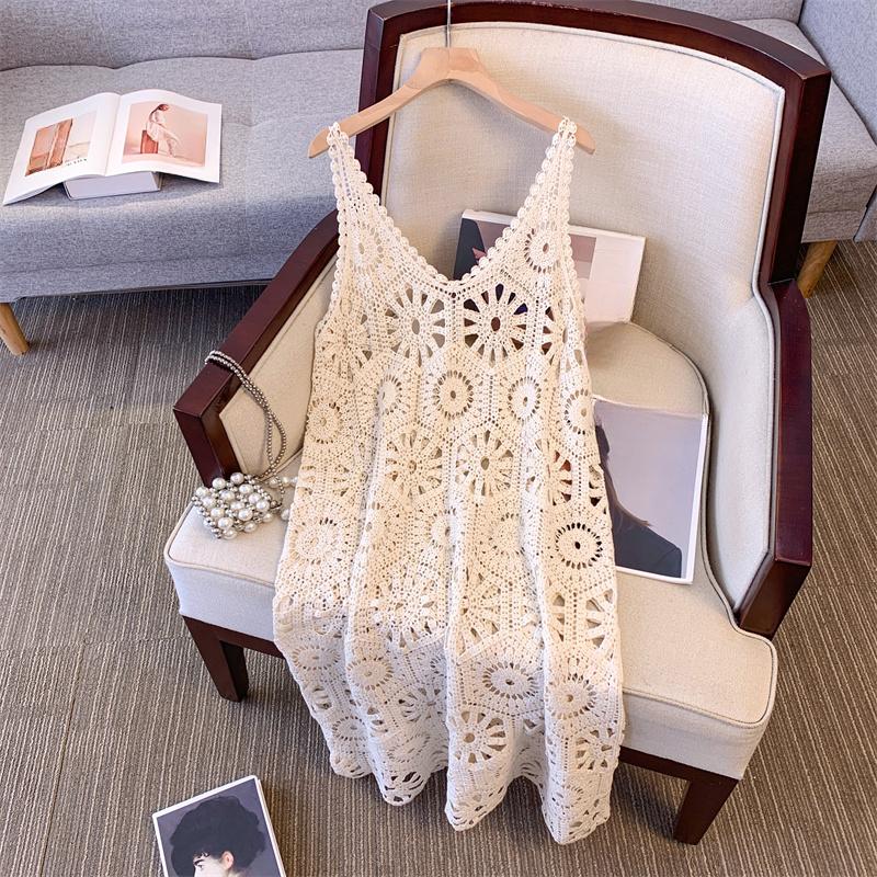 Women Knitting Lace Long Hollow Out Vest O-Neck Summer Tops Tees Loose Basic Beachwear Covers