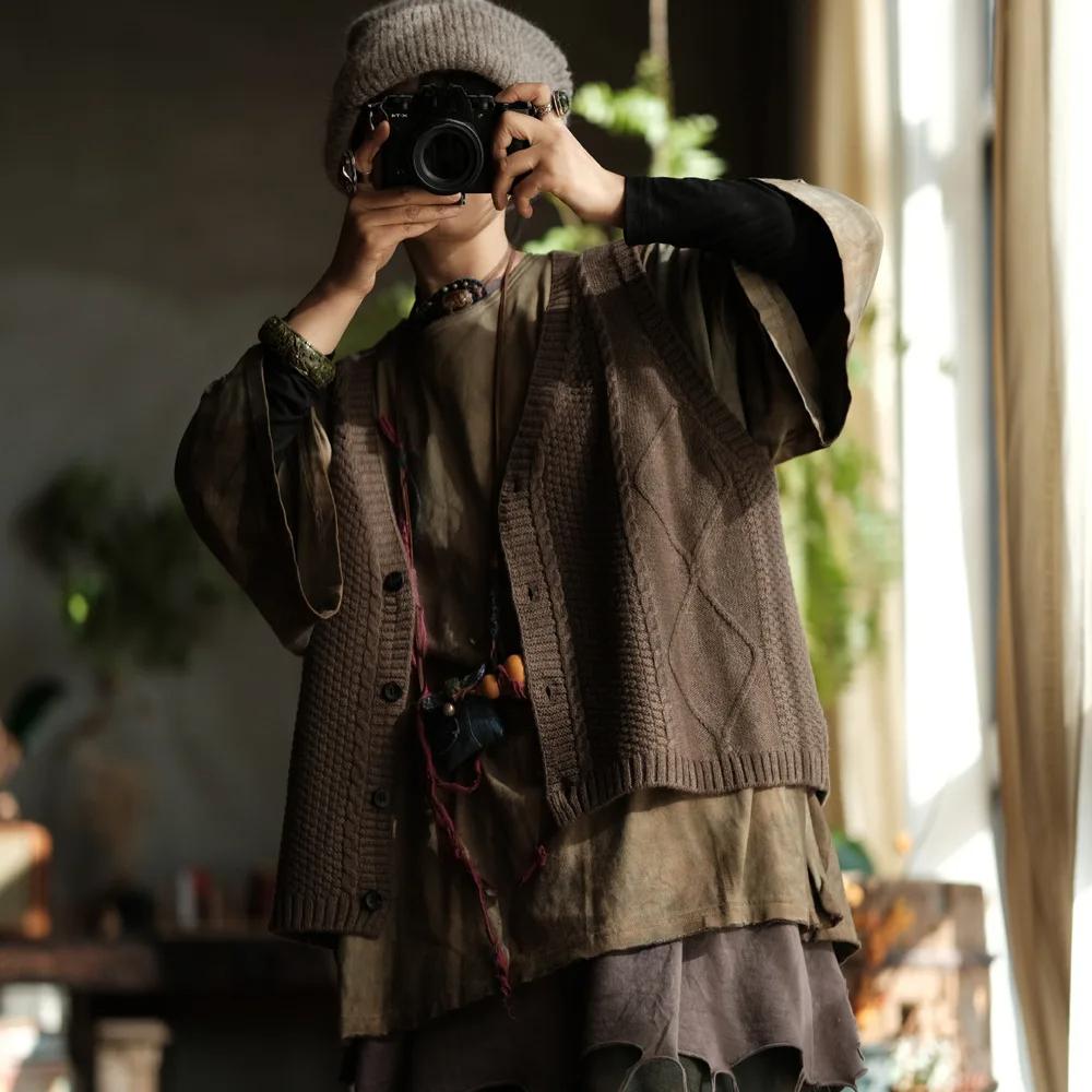 Johnature Женские вязаные однотонные пуговицовые весенние безрукавки кофейного цвета мягкие винтажные свитера пальто