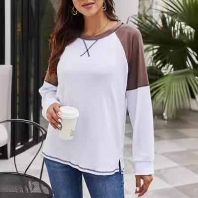 Весна Осень Женская Длинный Рукав Сращивание Круглый Вырез Повседневная Футболка Свободные Женские Топы Футболки Женские