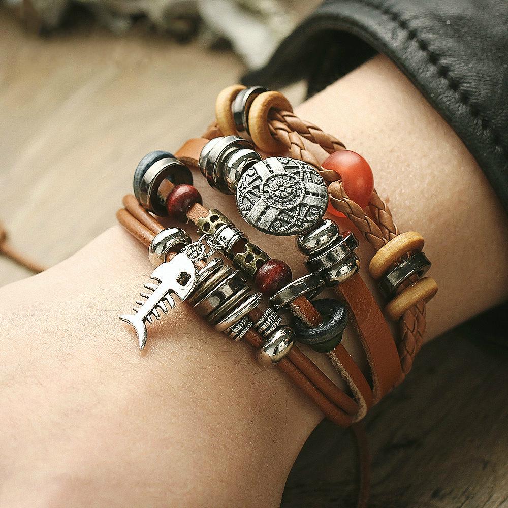 Многослойный кожаный мужской браслет