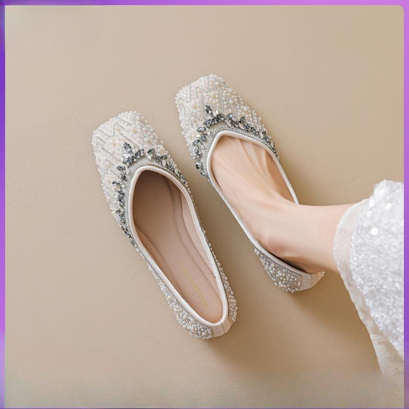 Туфли-лодочки с квадратным носком для женщин, неглубокие туфли со стразами, туфли на плоской подошве с мягкой подошвой