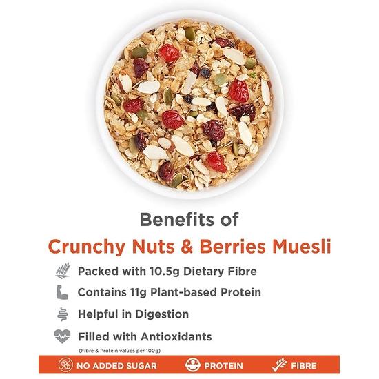 True Elements Crunchy Nuts & Berries Muesli, Almonds& Cranberries 1kg - Muesli Nuts Delight - 30% Berries | Protein Muesli| Healthy Breakfast