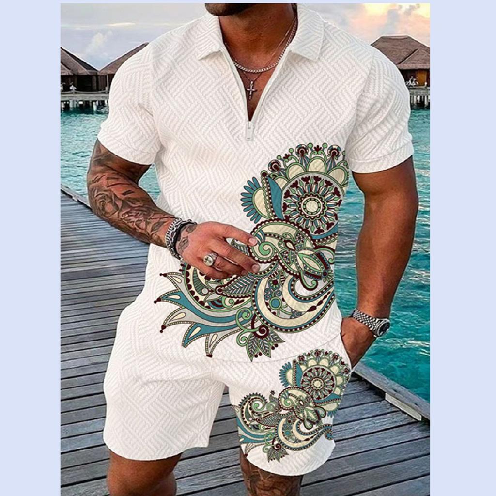 Летний тренд, мужской спортивный костюм, свободный комплект с животным 3D принтом, повседневная рубашка поло на молнии и шорты, комплект из 2 предметов, комплект мужской одежды, спортивный костюм