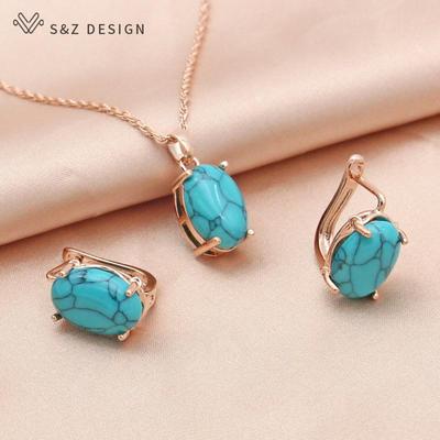 Винтажные тонкие овальные серьги в форме яйца с имитацией бирюзы цвета розового золота, комплекты ювелирных изделий для женщин, свадебное ожерелье с подвеской