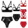 2Pcs Women's Latex Erotic Lingerie Suit Patent Leather Cut Out Hollow Bra with High Cut Briefs