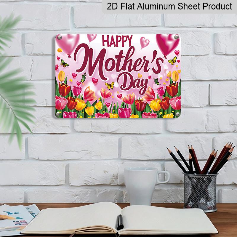 2D Flat, 1pc "Happy Mother's Day" Tulip & Butterfly Plaque, 12"×8" - Festive Floral Decor Sign, Pink - Aluminium Wall Hanging Decoration for Home