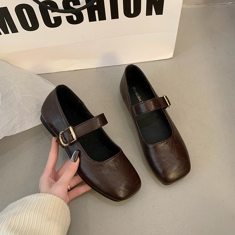 2025 Spring and Autumn New French Mary Jane Single Shoes Women's Korean Version Square Head One Pedal Shallow Mouth Flat Bottom Doudou Women's Shoes