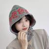 Вязаная балаклава с цветами в корейском стиле для женщин, зимняя теплая шерстяная шапка, грелка для шеи, защита ушей, интегрированная шапка-бини