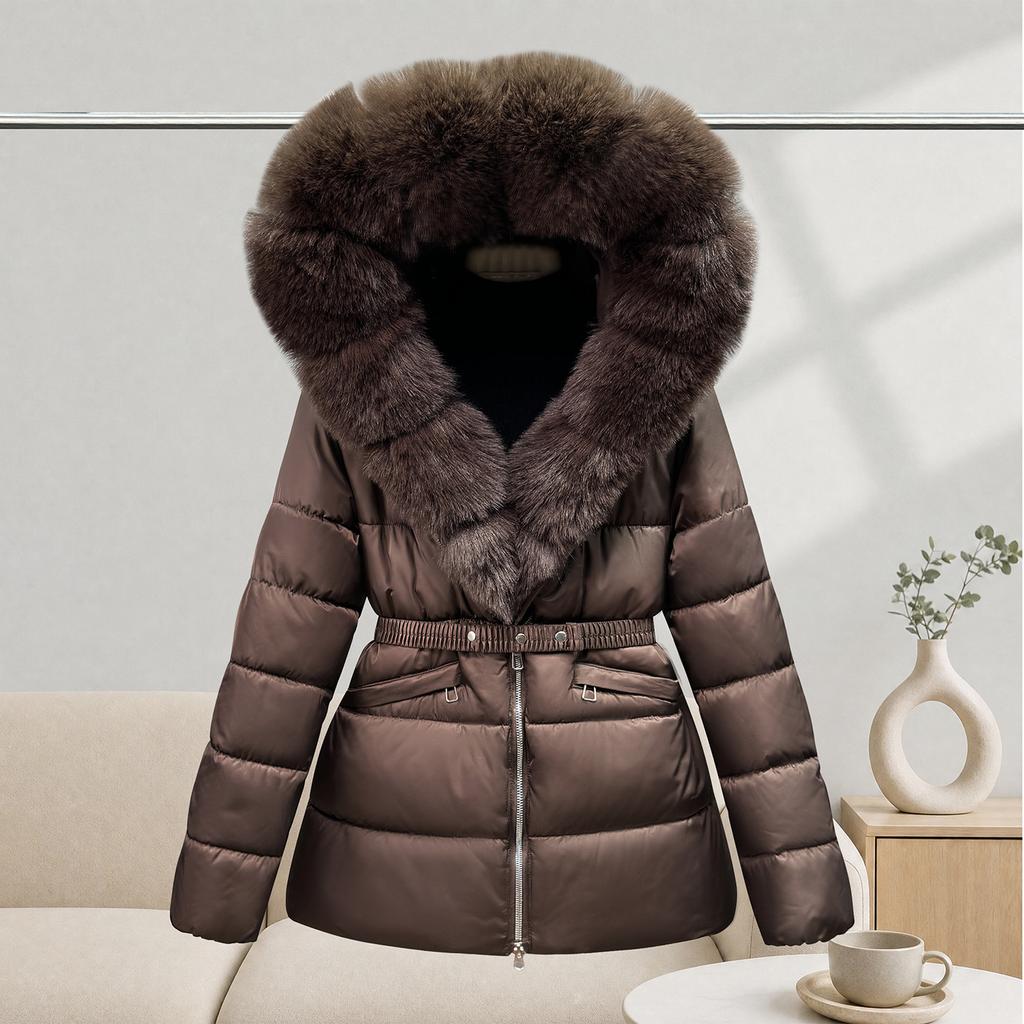Light luxury big fox fur collar hooded cotton clothes women's medium and long high waist waist thin versatile winter coat brick and mortar store