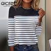 Autumn Winter Long Sleeve Striped Two Colours Printed Patchwork O-Neck Top T-Shirt