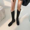 Fashion Knee High Shaft Shoes Woman Square Toe Black Leather Long Boots for Women Elegant with Low Heels On Promotion Designer Luxury Pu