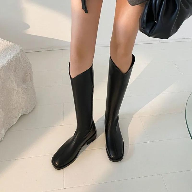 Fashion Knee High Shaft Shoes Woman Square Toe Black Leather Long Boots for Women Elegant with Low Heels On Promotion Designer Luxury Pu
