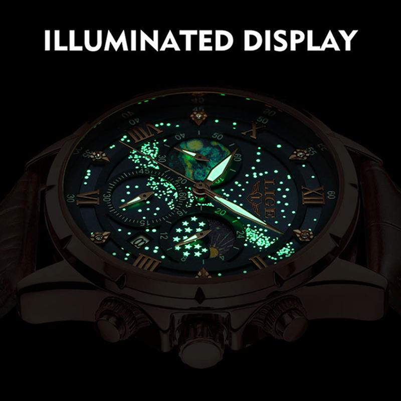 LIGE Новые модные мужские часы, роскошные деловые кожаные мужские часы со звездным небом, кварцевые часы с ночным светом, водонепроницаемые наручные часы, автоматические часы с кодом даты и времени