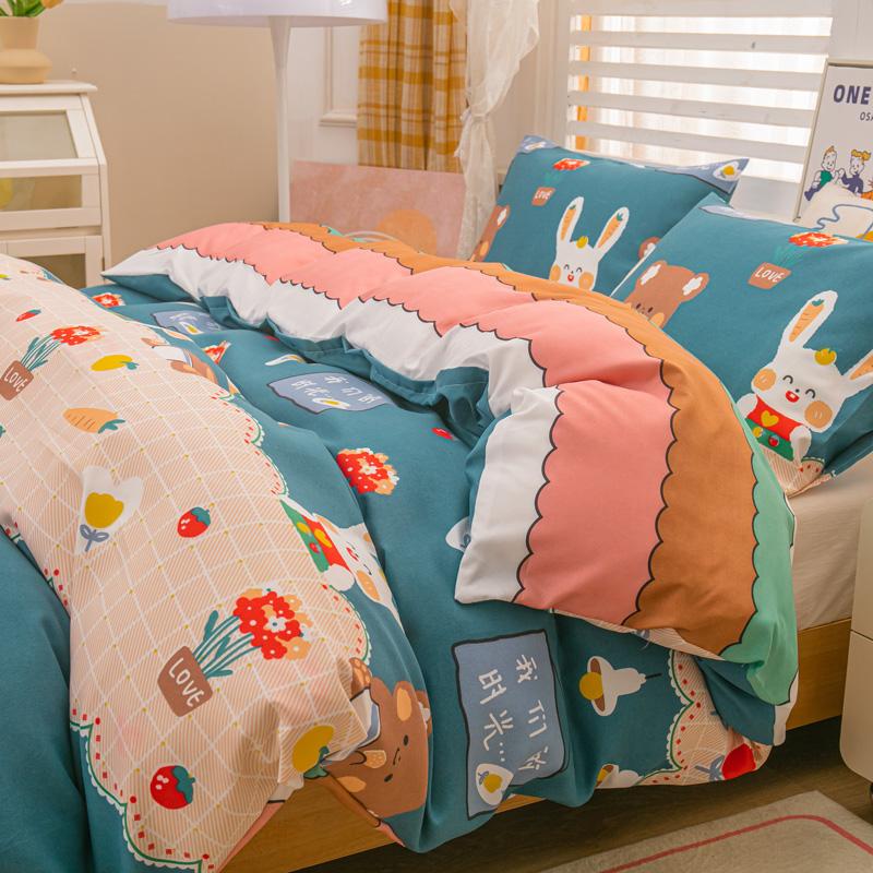 Cartoon Animal Rabbit Bear Duvet Cover Girls Strawberry Floral Bedding Set Reversible Kawaii Comforter Cover With 2 Pillowcase