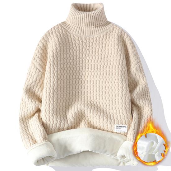 Winter Solid Color Fleece Lined Warm Turtleneck Knit Pullover Sweater Men Casual Knitwear